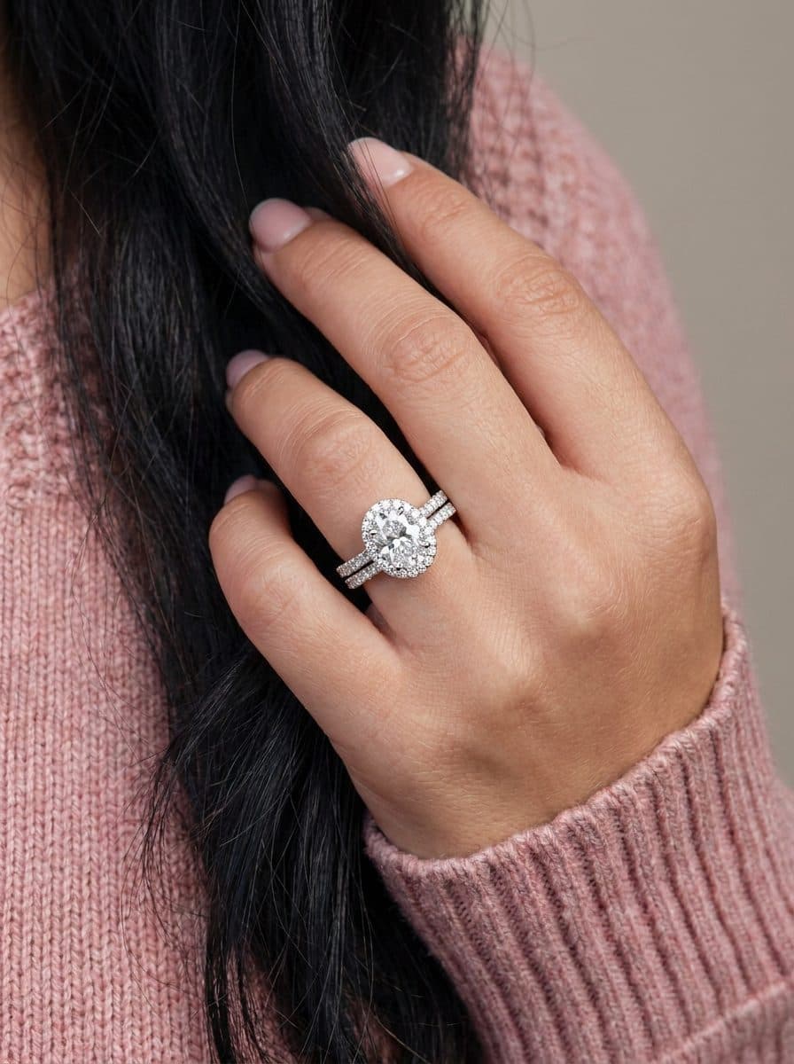 Oval diamond halo engagement ring and diamond wedding band stacked on ring finger