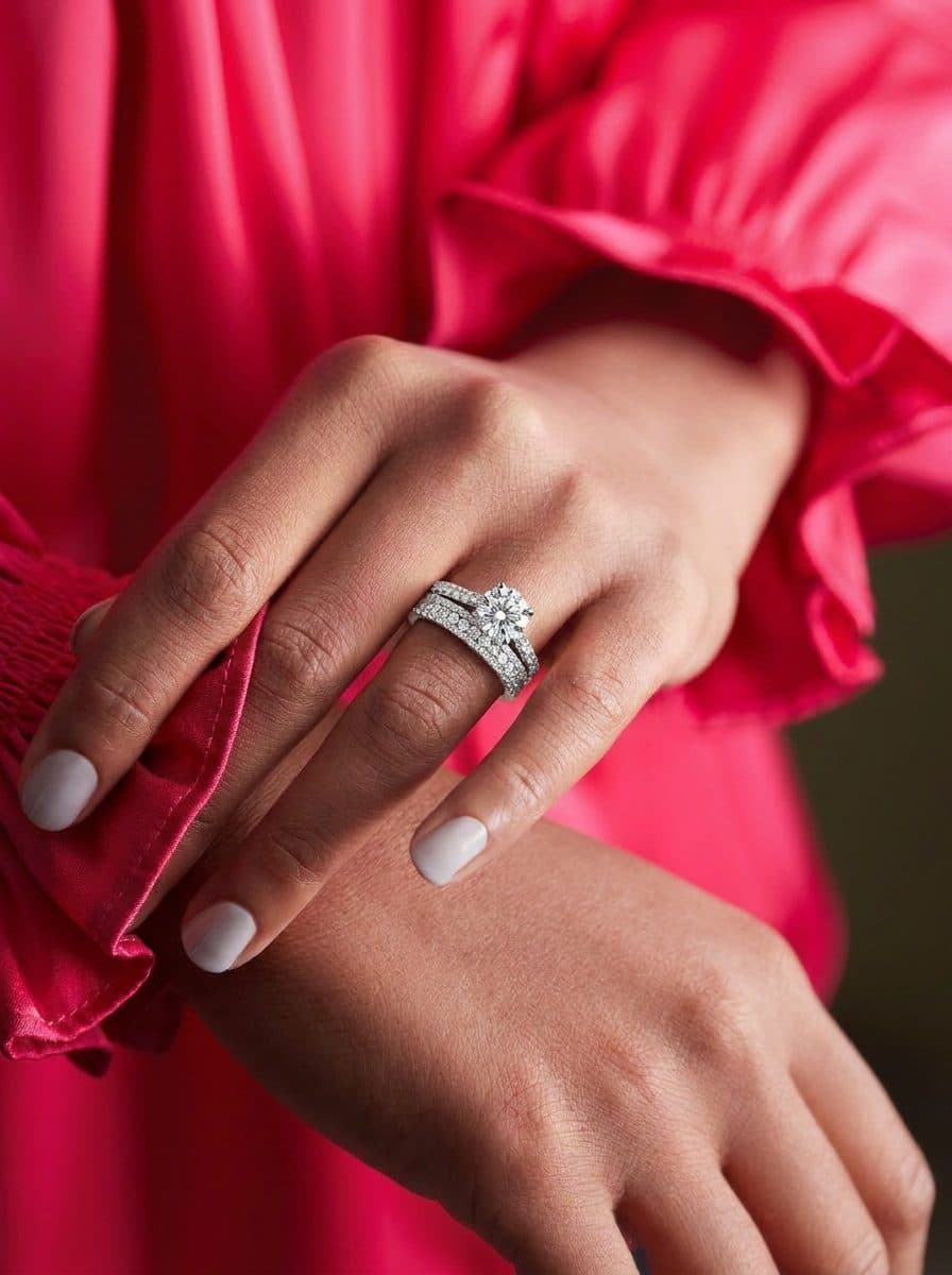 Woman's hand wearing a diamond halo engagement ring stacked with a diamond wedding band