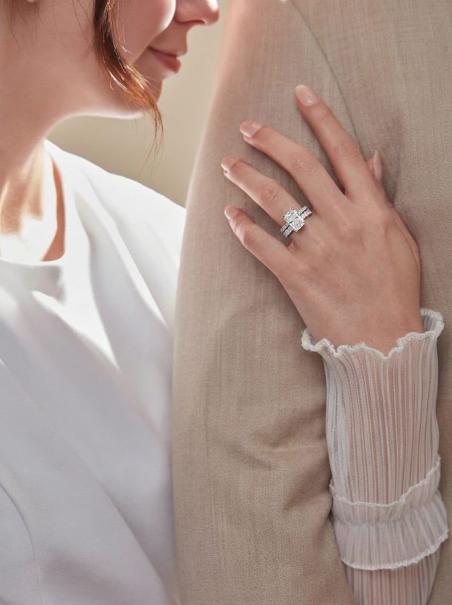 Woman wearing a princess-cut diamond engagement ring and matching diamond wedding band