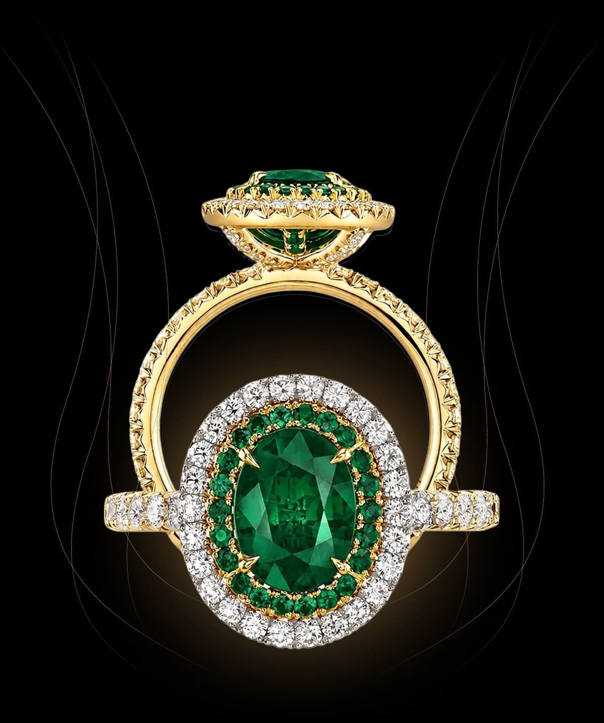 Oval emerald ring with double halo of emeralds and diamonds in yellow gold