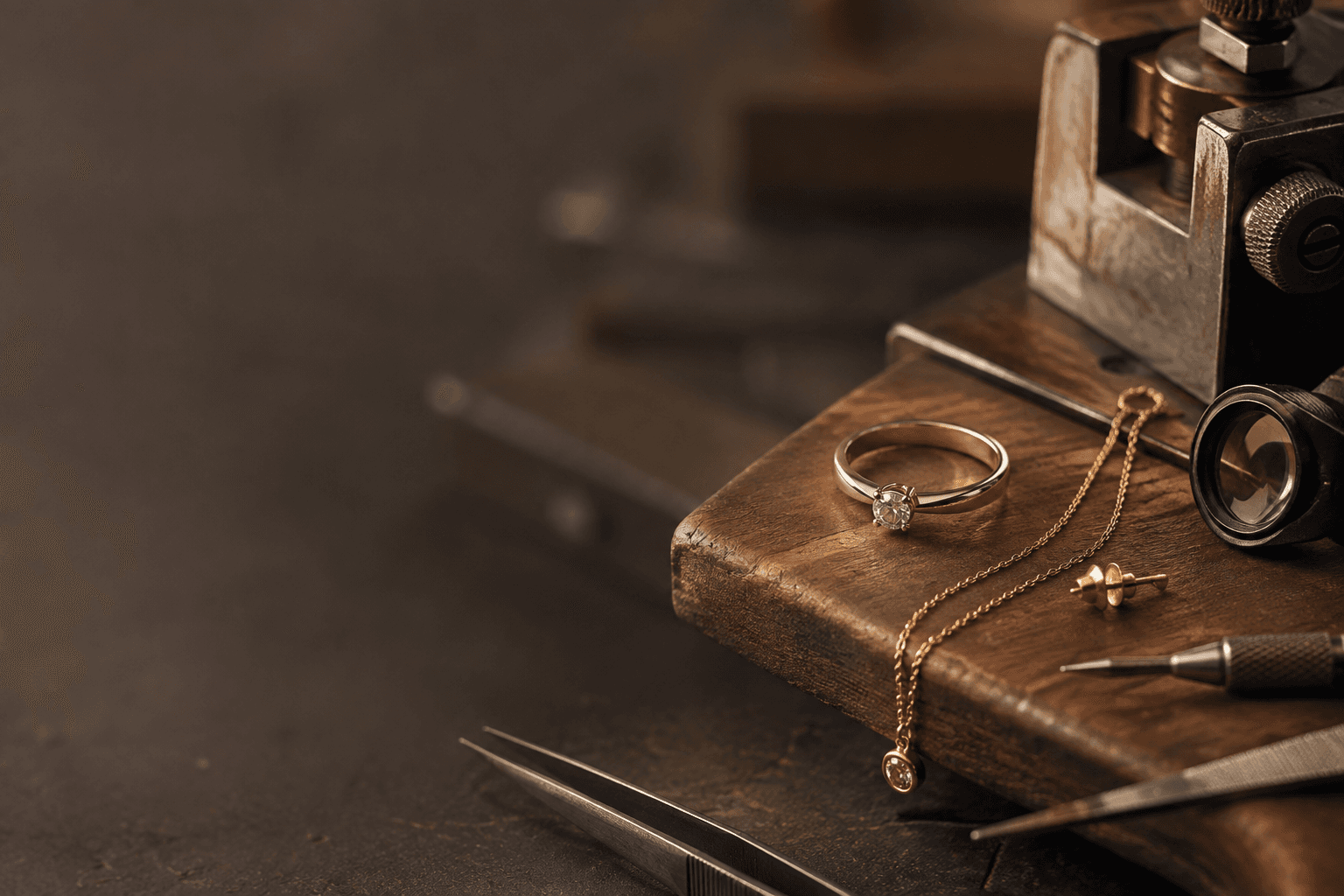Gold diamond solitaire ring and chain resting on a jeweler's wooden workbench with tools
