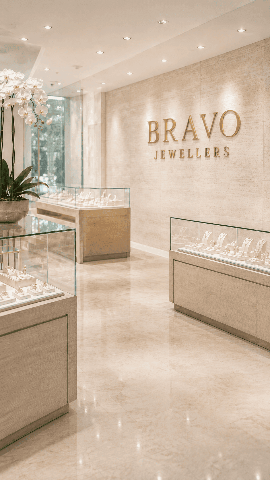 Bravo Jewellers luxury showroom interior with glass display cases and white orchids