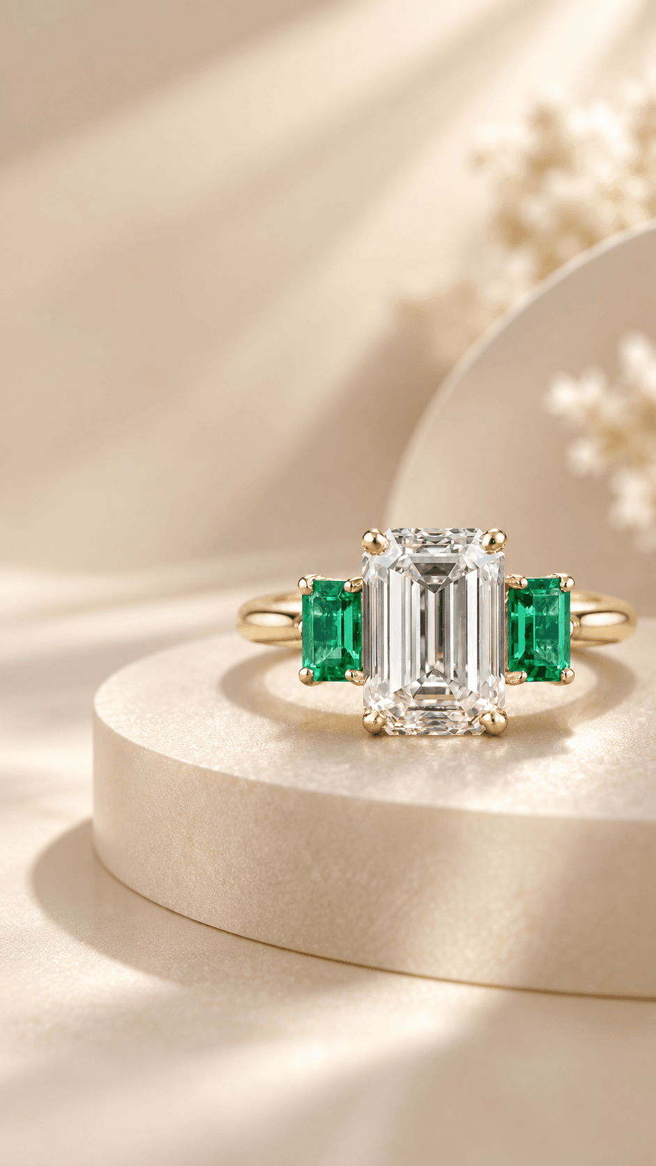 Three-stone engagement ring with emerald-cut diamond flanked by vivid green emerald side stones in yellow gold