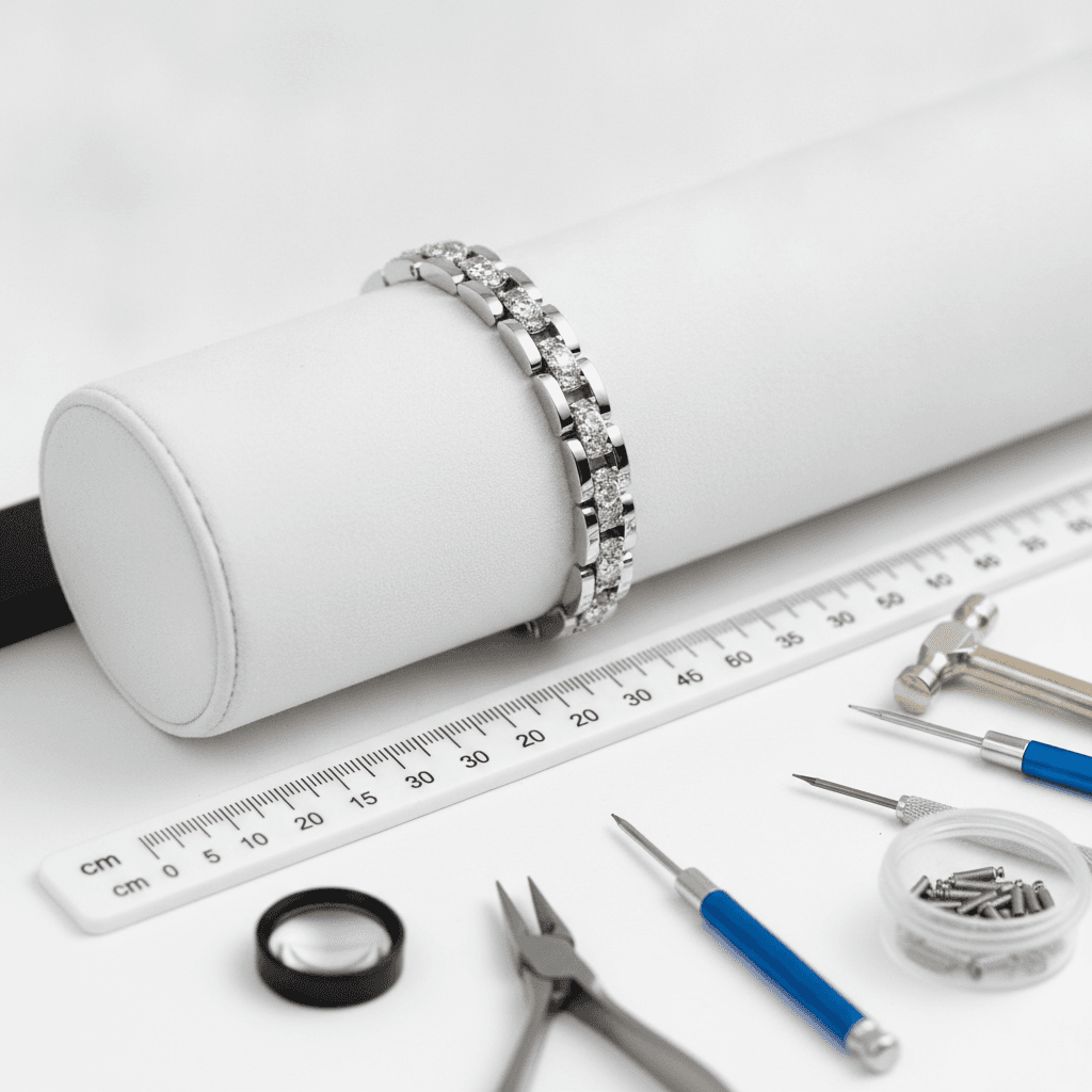 Diamond and white gold link bracelet on cylindrical display with jeweler's tools and ruler