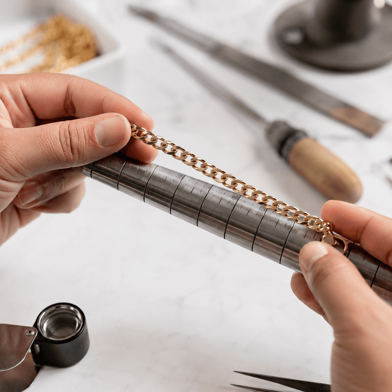 A jeweler's hands holding a gold chain bracelet against a sizing gauge on a clean white workbench, soft studio lighting