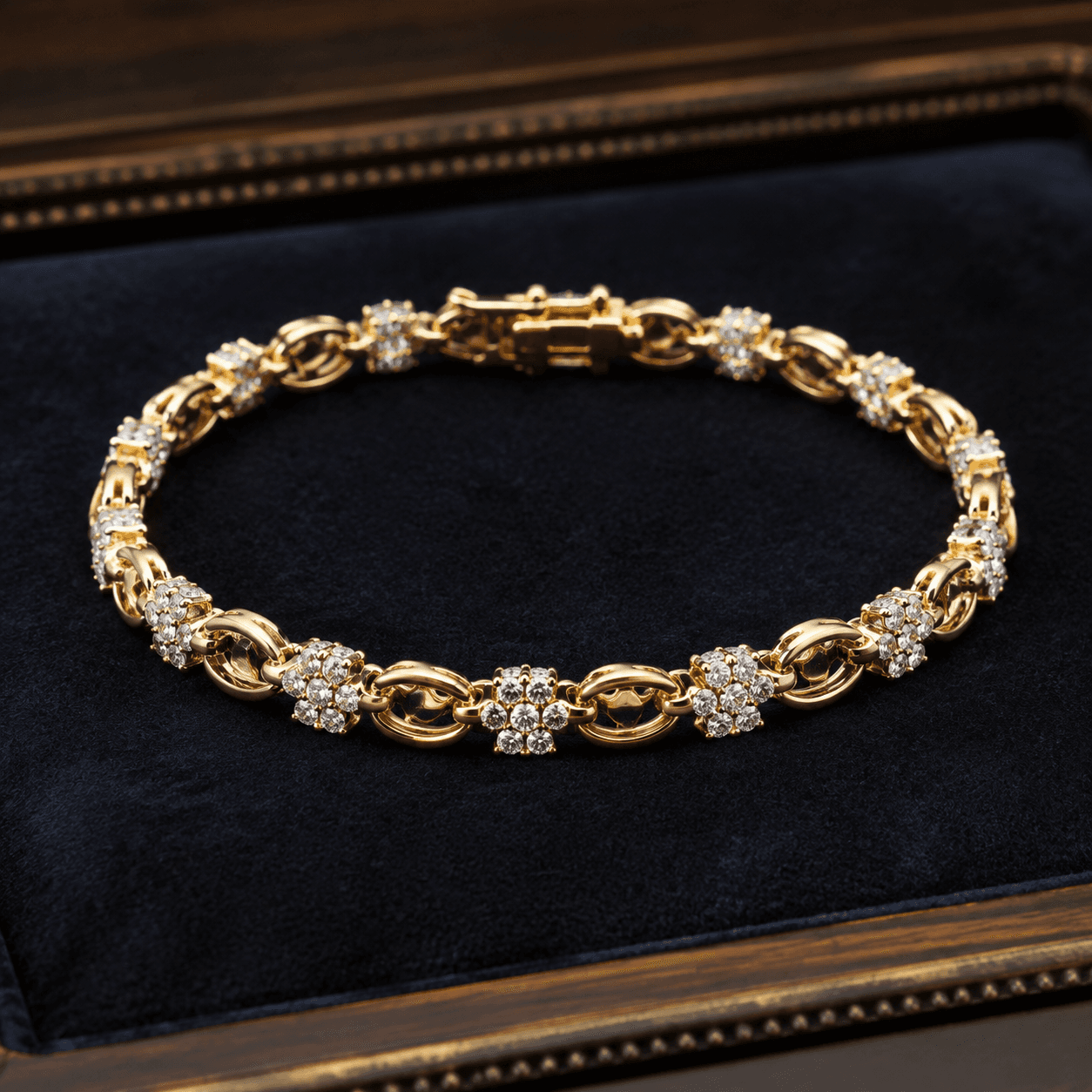 An elegant gold and diamond bracelet laid flat on a dark velvet tray, overhead shot, warm jewelry store lighting