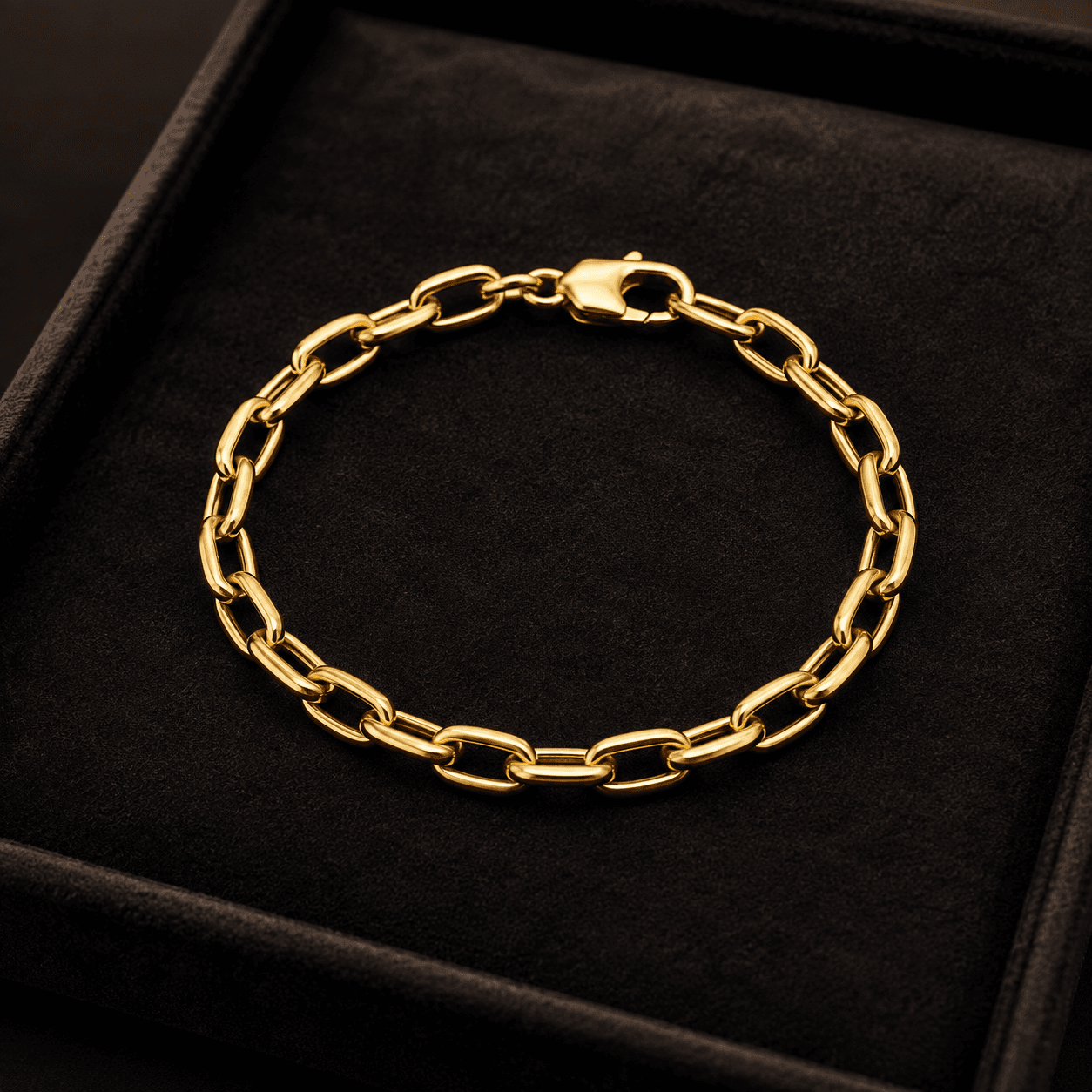 An elegant gold link bracelet laid flat on a dark velvet tray, overhead shot, soft warm spotlight highlighting the metal's
