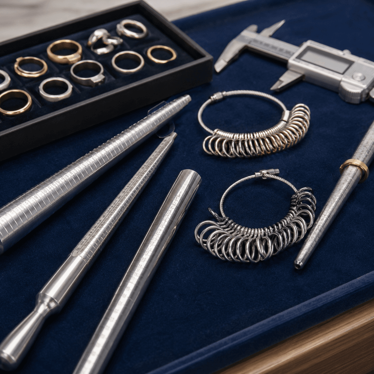 An array of ring sizing tools, mandrels, gauges, and calipers, laid out neatly on a jeweler's velvet-lined workbench, bright
