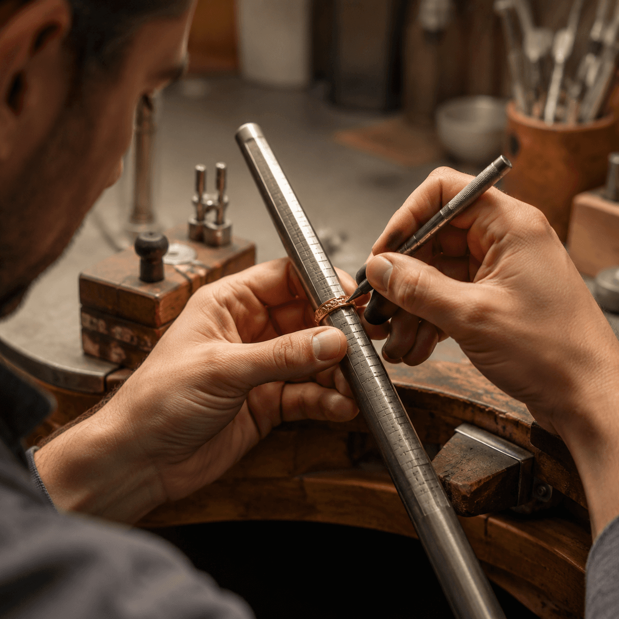 A skilled jeweler using precision tools to resize a gold ring on a mandrel, close-up shot on a clean workshop bench, warm