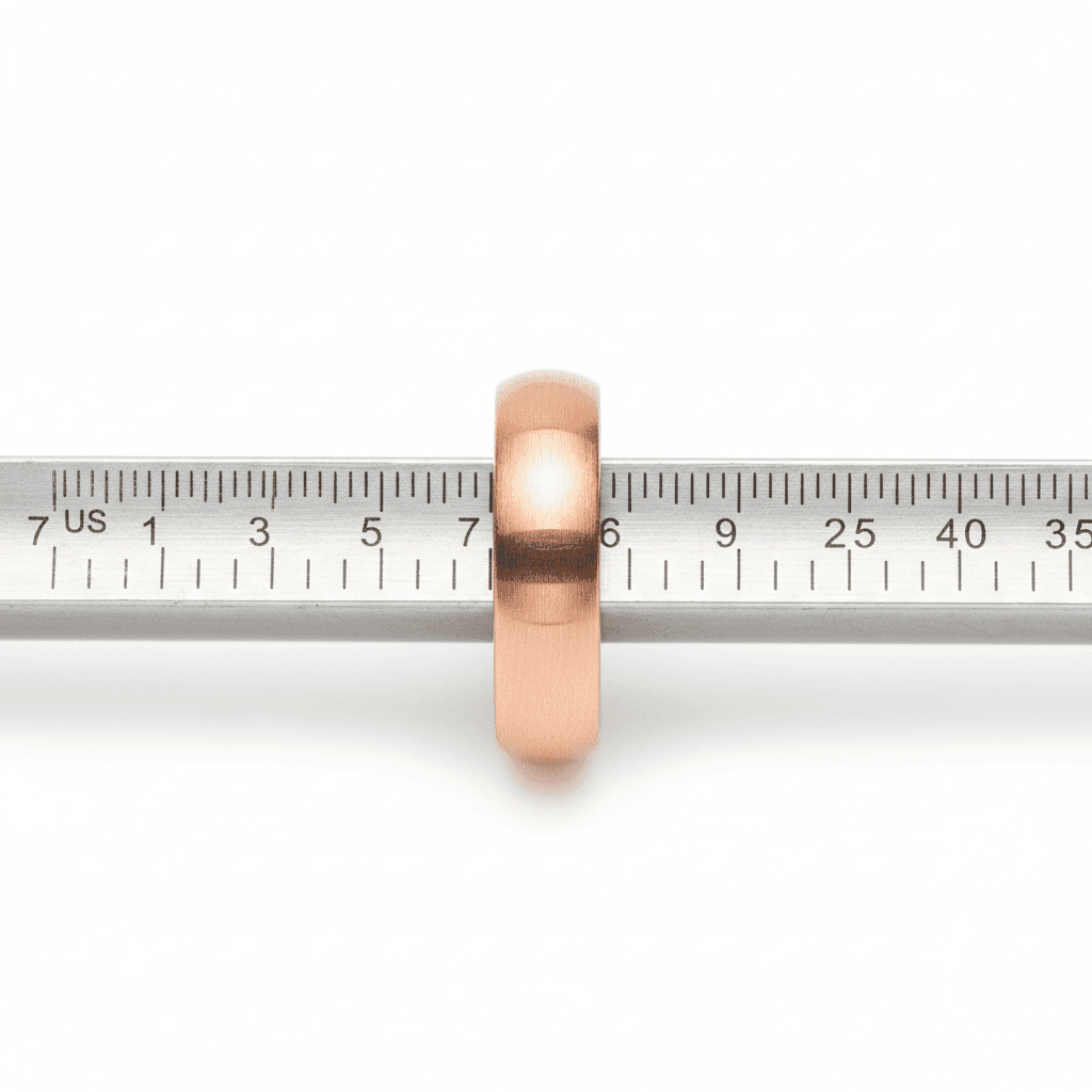 An elegant diamond engagement ring resting on a jeweler's sizing gauge tool, macro shot, bright neutral studio lighting